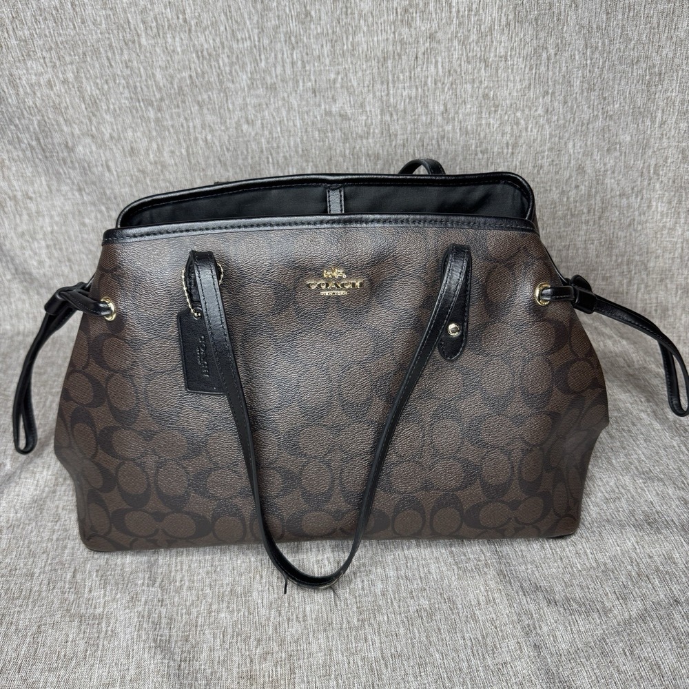 Coach F57842 Signature Drawstring Carryall Brown Black Satchel Tote Bag EUC